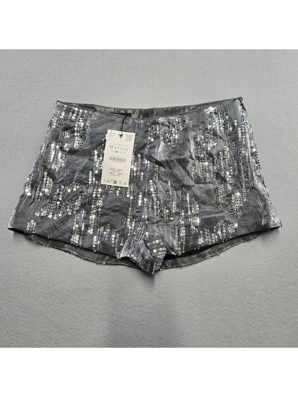 Zara Sequin Embellished Mini Shorts Womens M Silver Metallic Lined Side Zip NWT